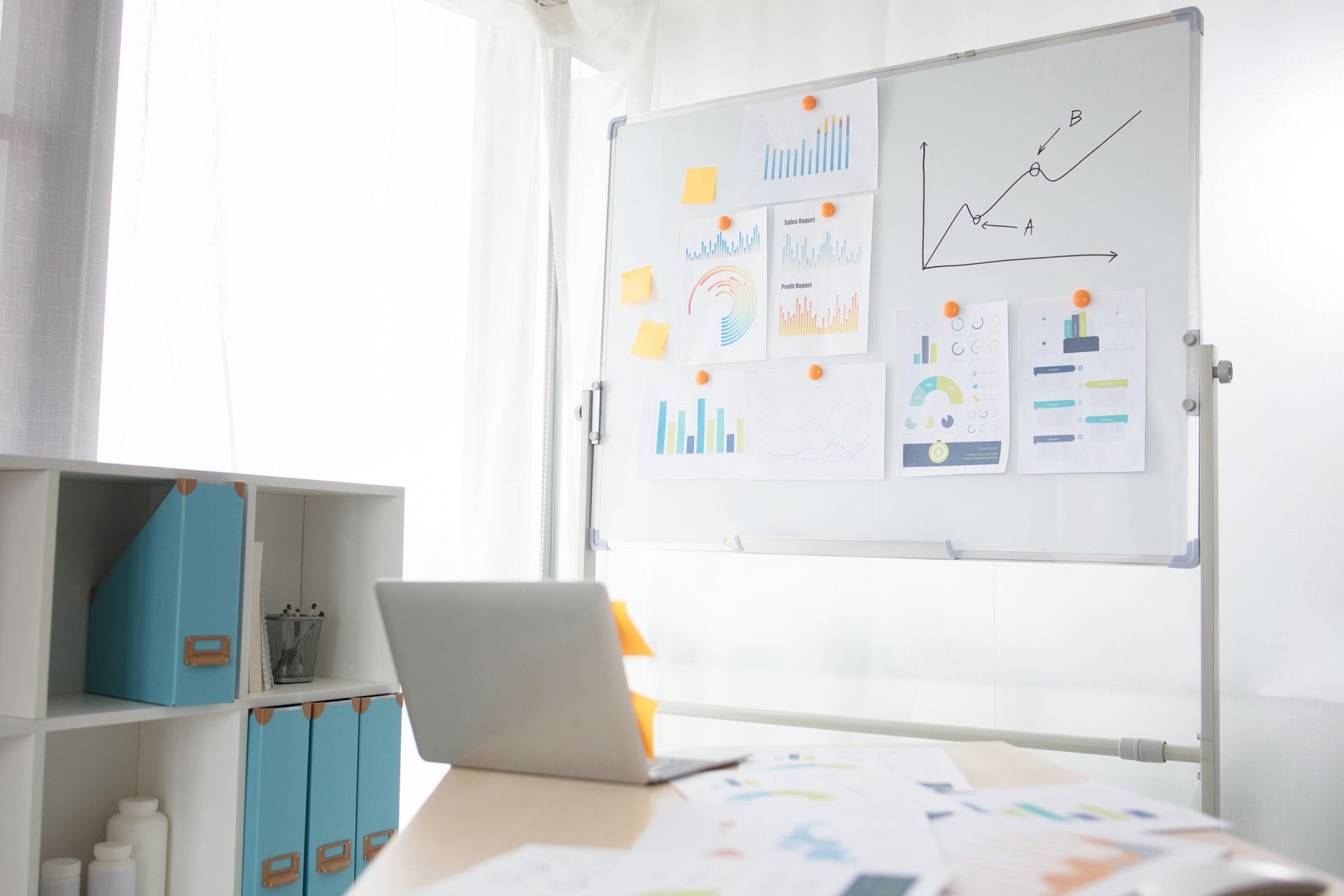 A desk with a laptop, a whiteboard, and some graphs on the wall behind it.